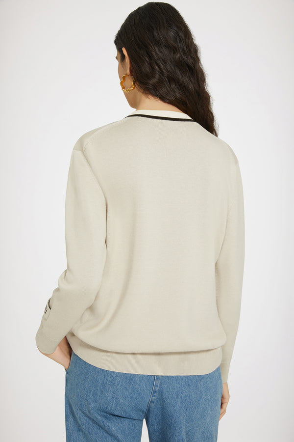 Contrast collar cardigan in cotton and wool
